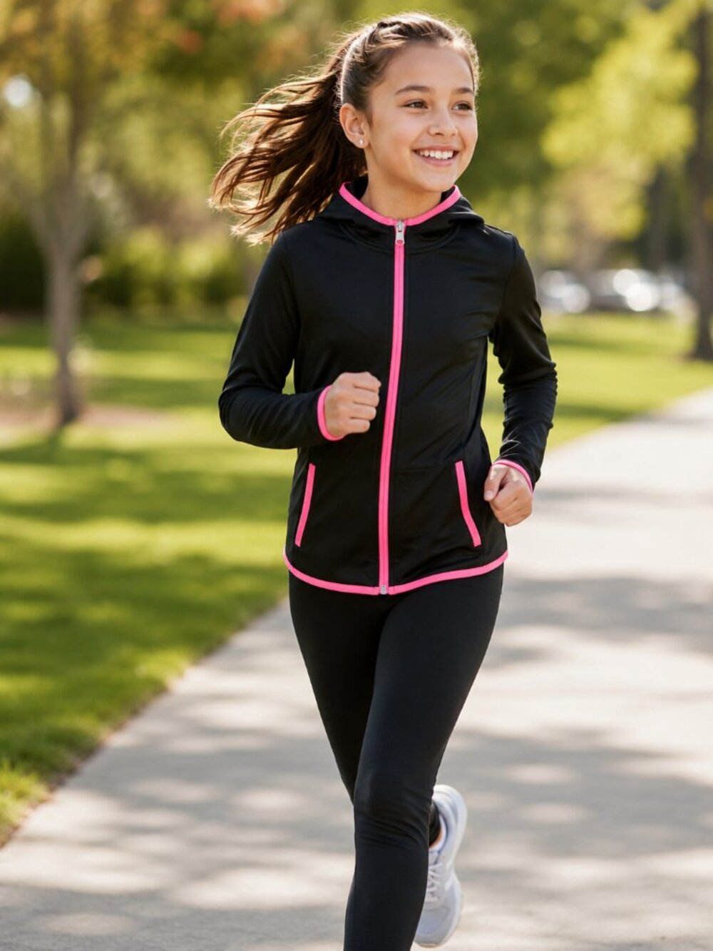 Justice Girls Hoodie Size 12 Black Pink Athletic Zip Up Jacket